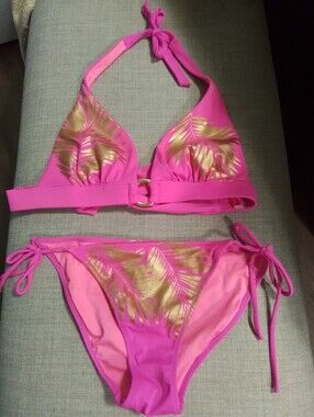 Vintage Victorias Secret Hot Pink Bikini with Gold Palm Leaf Accent